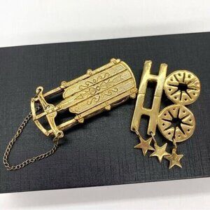 Vintage Jonette Jewelry Gold Tone Sled & Christmas Ho Ho Brooch Set